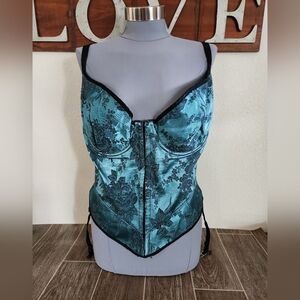 Teal Damask Floral Bustier Corset with Garters - Size 44